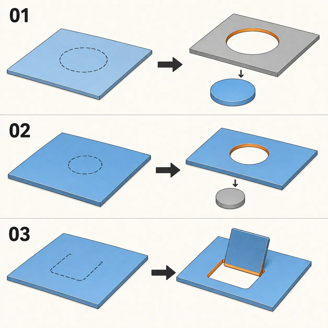 Three before-and-after schematics: 01 retains a circular blank, 02 retains a plate with a hole, and 03 raises a tongue that remains attached at its root.