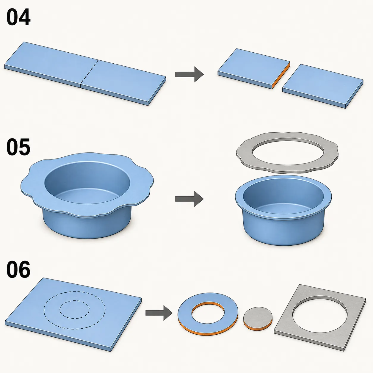 04 divides a strip at a common boundary, 05 removes an excess cup flange, and 06 illustrates the shearing family by separating a washer from its inner and outer scrap.