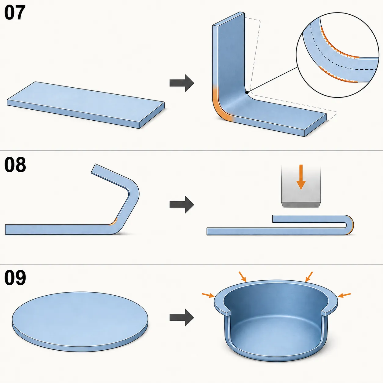 07 bends a strip with different fiber lengths around its radius, 08 closes a folded edge into a double-layer hem, and 09 draws a flat blank into a hollow cup with inward flange flow.