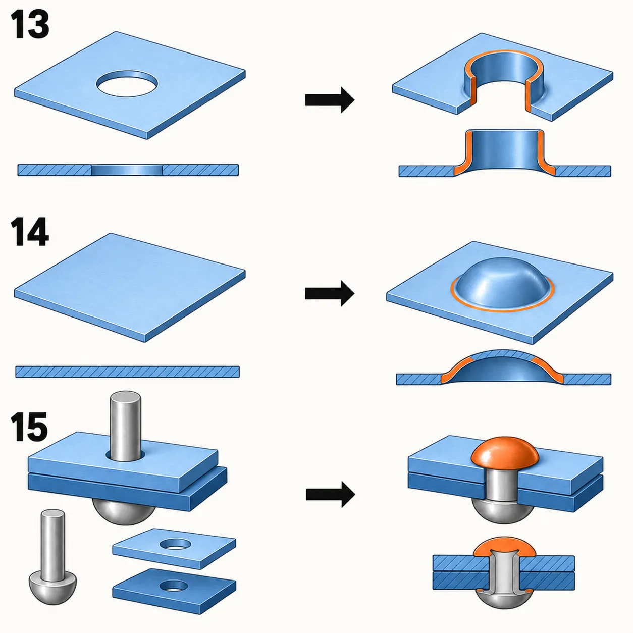 13 raises and expands a through-hole edge into a collar, 14 raises an intact closed dome with a concave underside, and 15 upsets a rivet end to clamp two sheets.