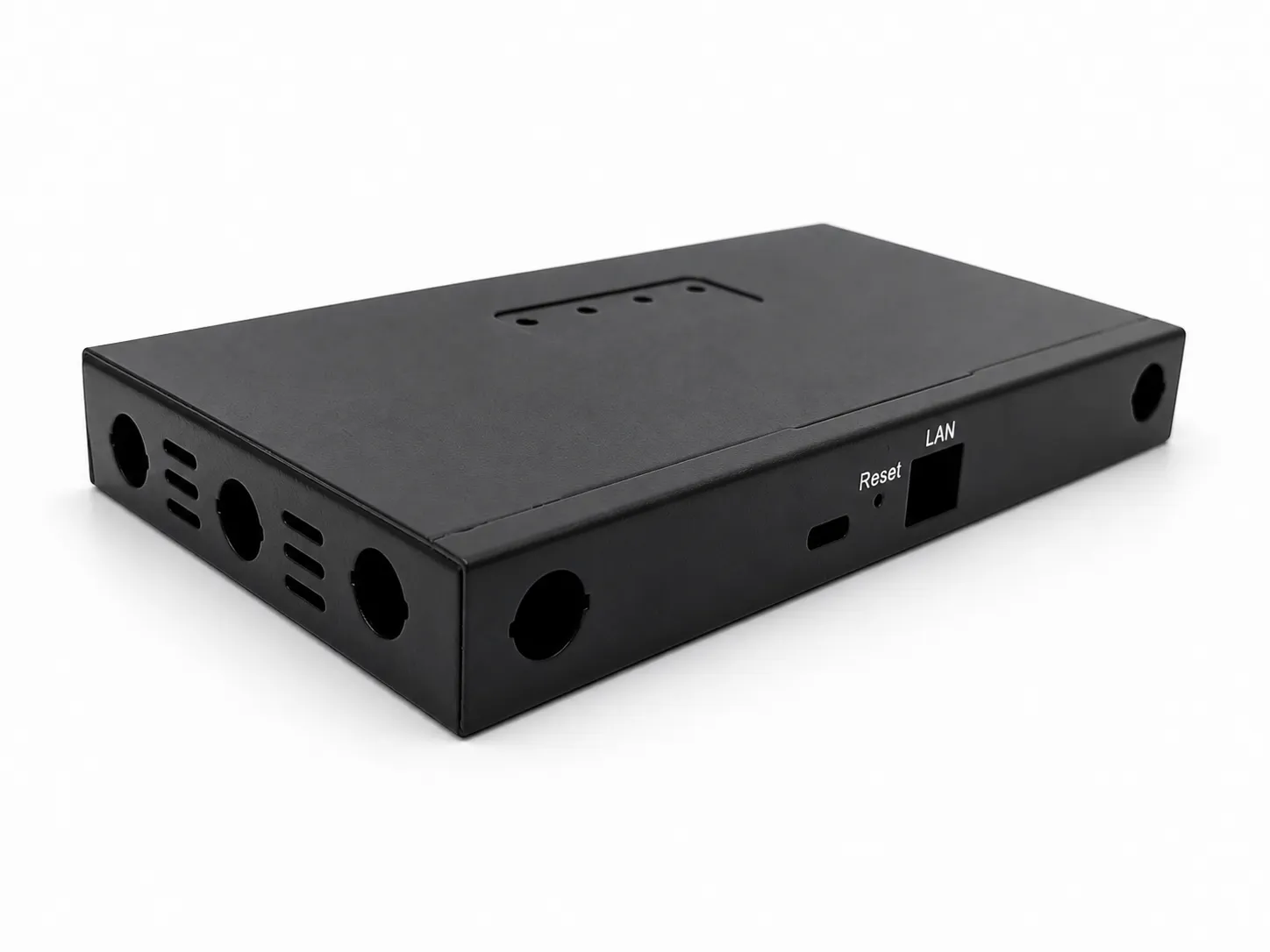 Black sheet metal enclosure with stamped holes and LAN cutout