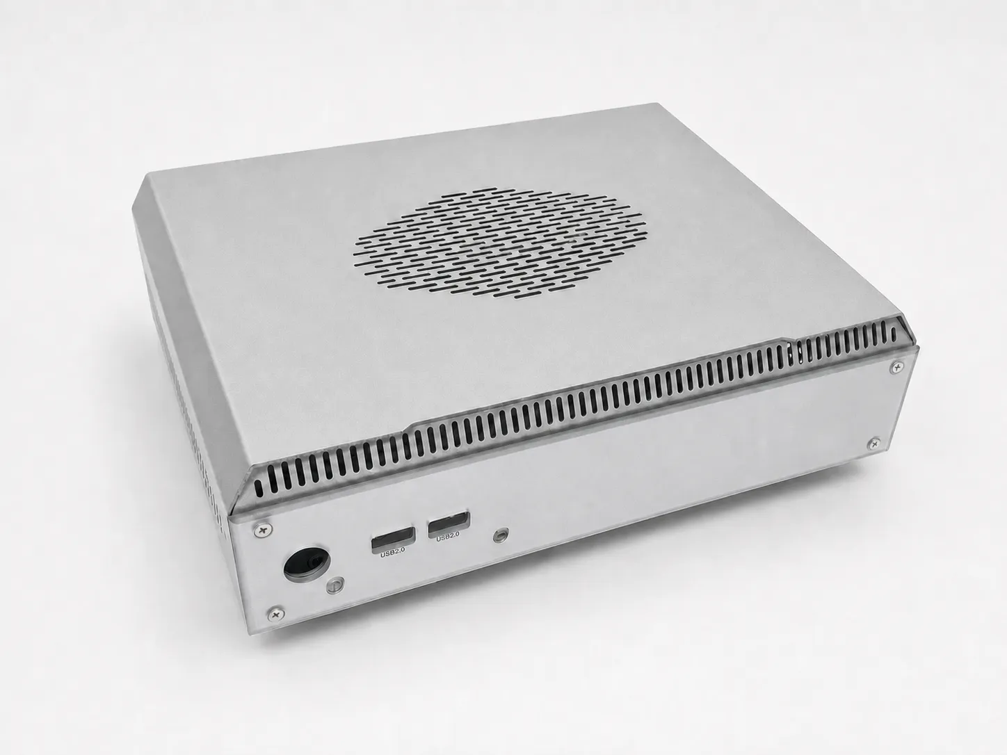 Silver mini computer metal case with vented top and front USB ports