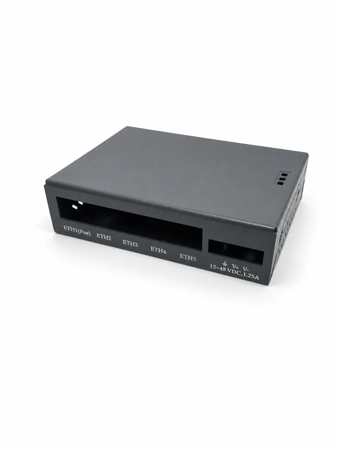 Network switch metal enclosure front view with Ethernet port openings
