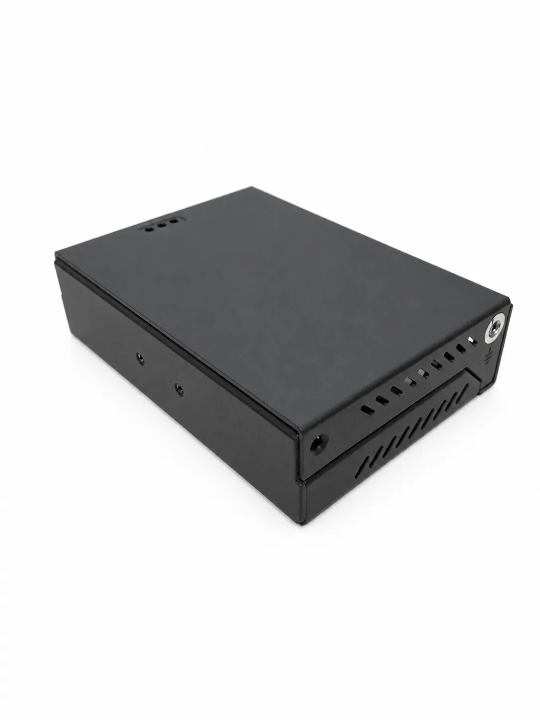 Telecom equipment metal housing rear view with ventilation slots