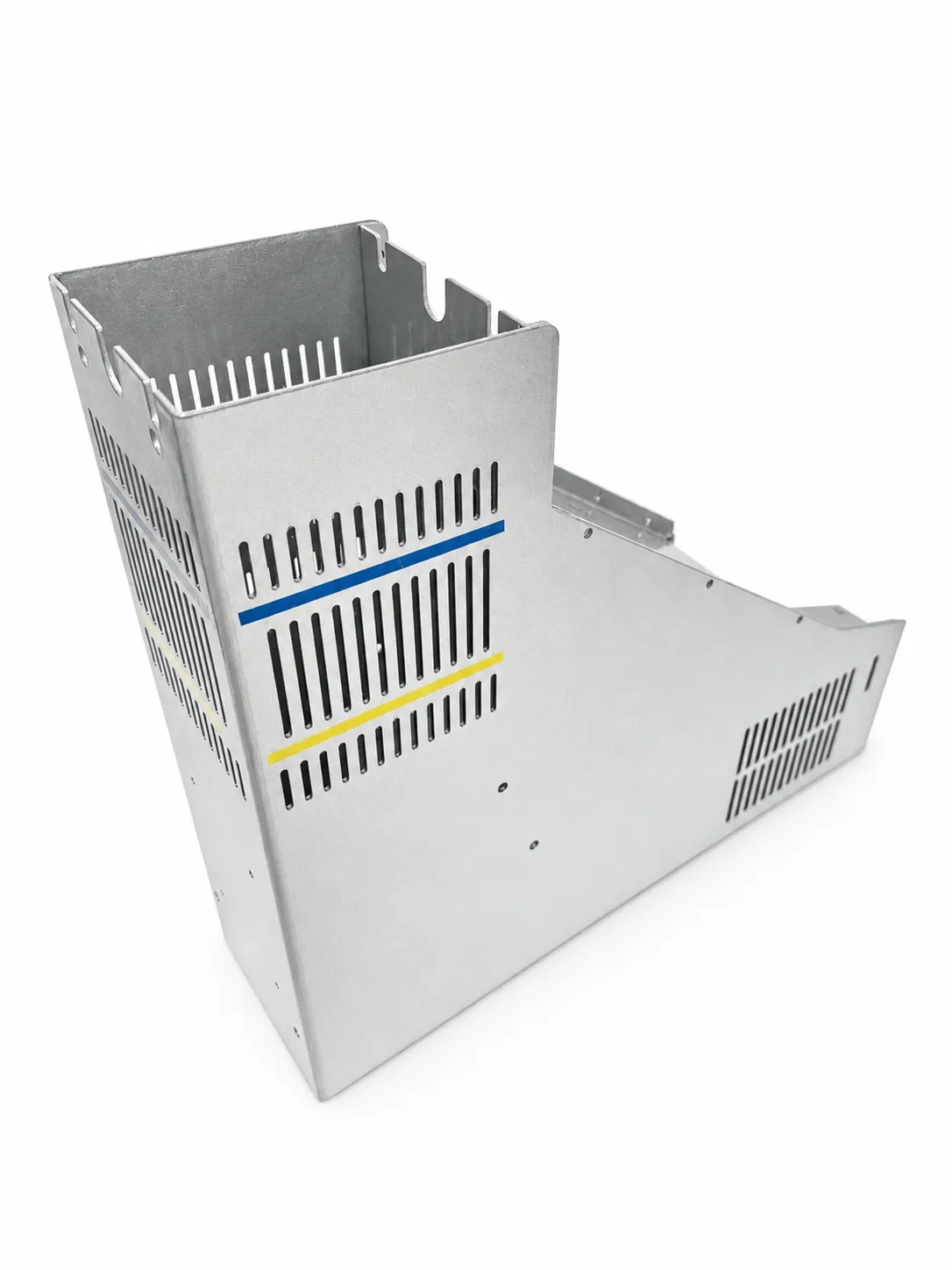 Side-view power supply metal enclosure with ventilation slots