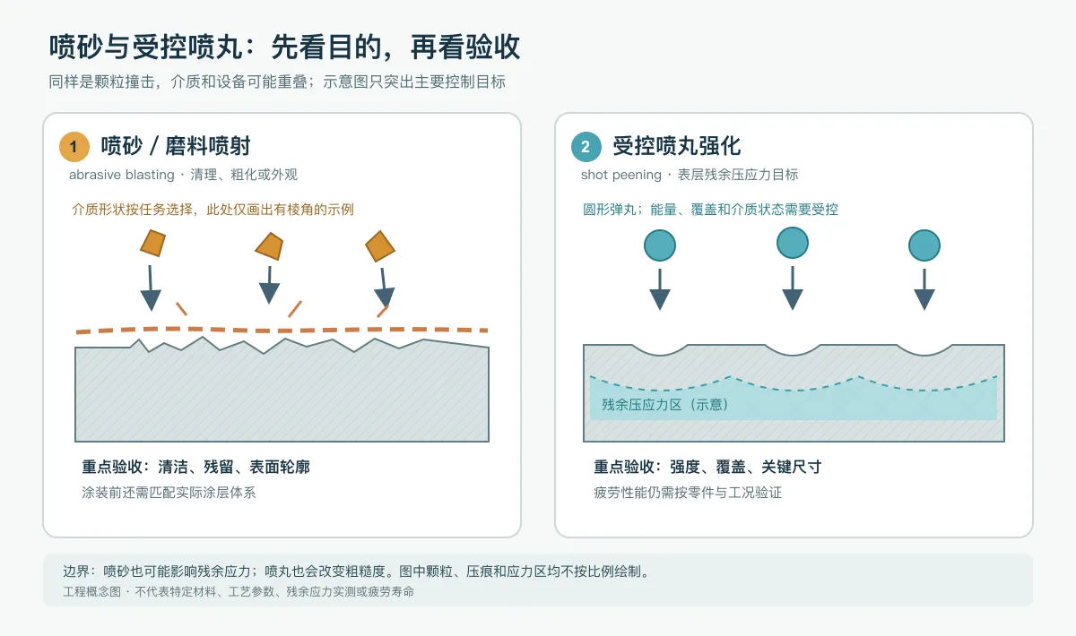 左侧有棱角磨料清理并改变金属表面轮廓;右侧圆形弹丸形成压痕和示意的残余压应力区。