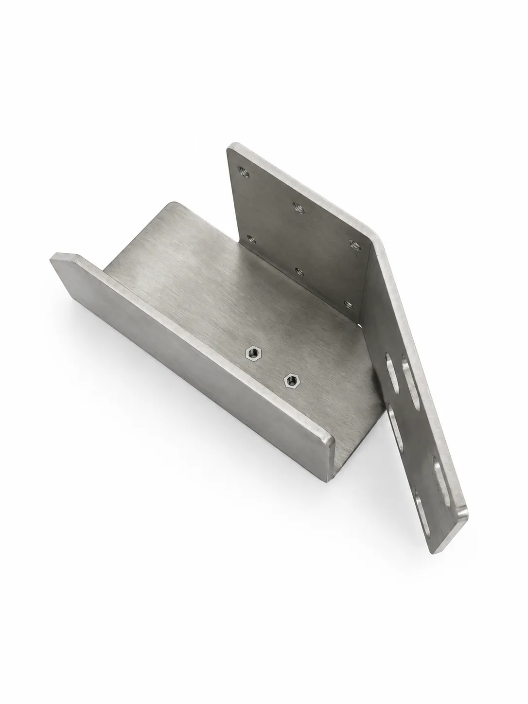 Audio speaker mounting bracket angled view with threaded inserts