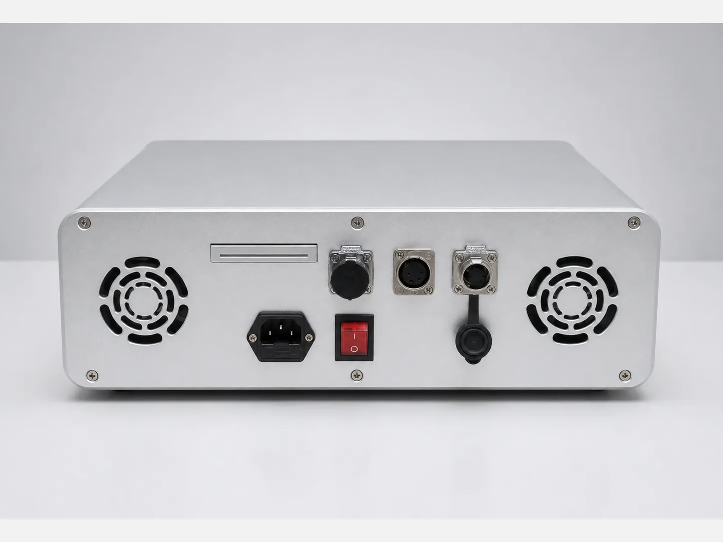 Measurement instrument sheet metal case rear panel with fan vents and connectors